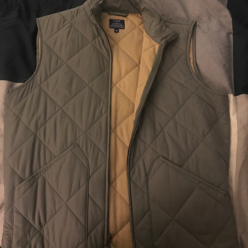 J. Crew Quilted Sleeveless Vest in Olive with Mustard Lining